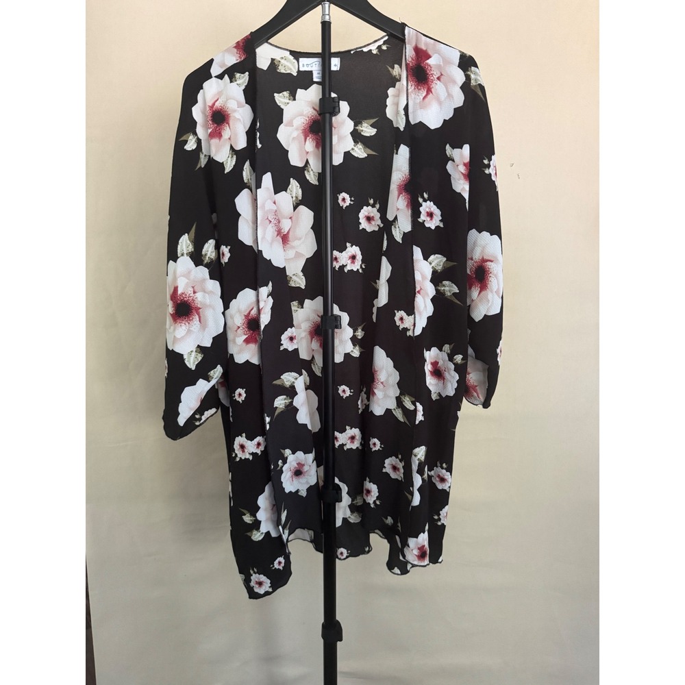 Boutique+ 0X Black Floral Open Front Kimono Cardigan Est MSRP $48